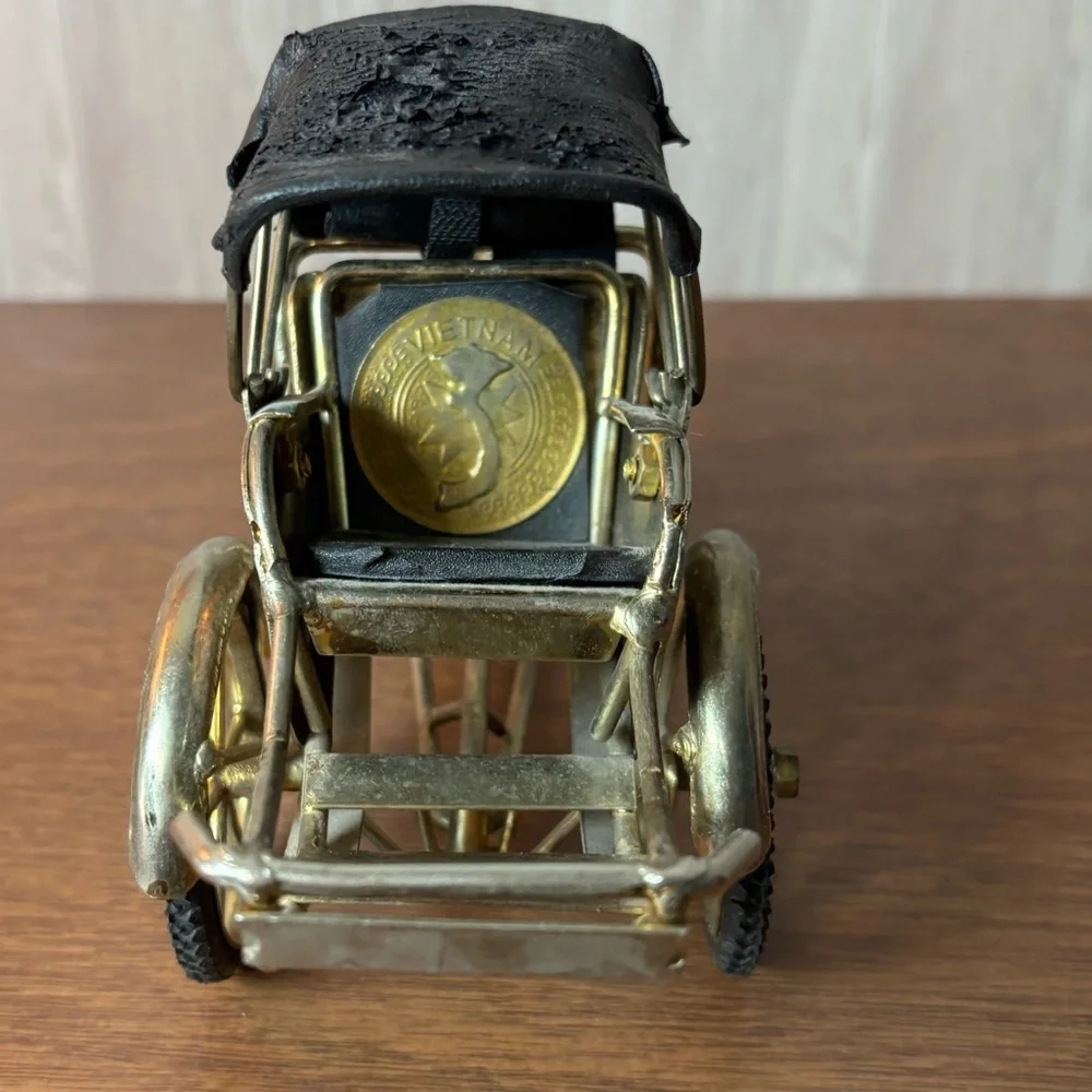 Brass-Tone Mini Rickshaw Tricycle Black Seat Faux Leather Canopy Vietnam Vintage